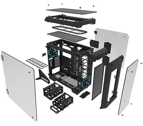 All the pieces of the Thermaltake View 71 removed and floating next to each other