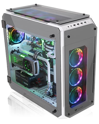 Thermaltake View 71 Fully Loaded with RGB-Lit Components Angled Down to the Right