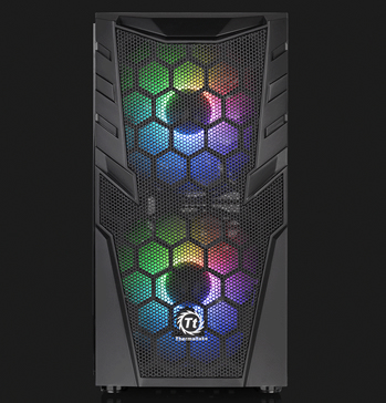 Thermaltake Commander C32 facing forward with two rainbow-lit fans