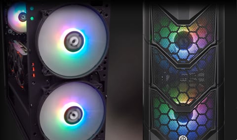 Two shots of the front of the Thermaltake Commander C36 case, the left image shows the front panel removed, exposing the two spinning fans and the right image has the fans covered