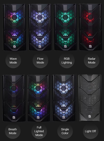 Eight instances of front-facing, RGB-lit Thermaltake Commander C36 cases and text below them that reads: Wave Mode, Flow Mode, RGB Lighting, Radar Mode, Breath Mode, Full Lighted Mode, Single Color and Light Off