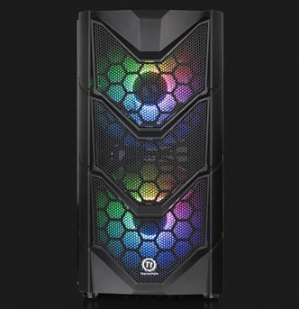 Thermaltake Commander C36 facing forward with two rainbow-lit fans