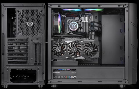 A back shot and side shot of the Thermaltake Commander C32 with the side panel removed and components fully installed