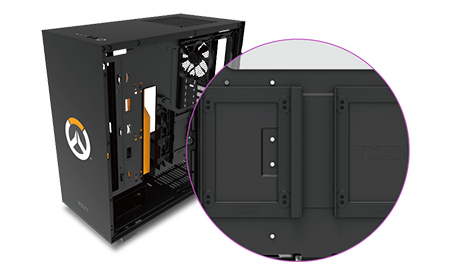 NZXT H500 overwatch Computer Case facing to the left with a hotspot image of the storage compartments inside