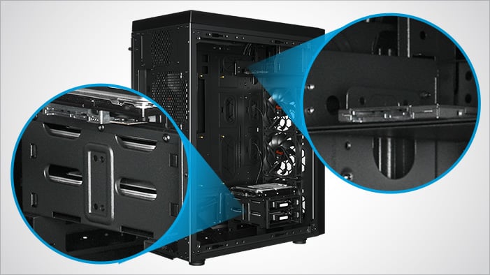 Closeup hotspots of the Rosewill RISE case's storage areas
