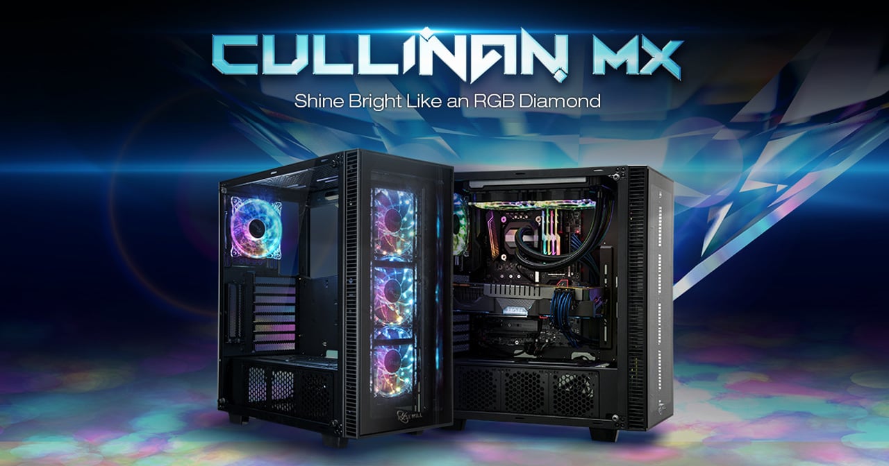 Rosewill CULLINAN MX Banner showing two cases angled to the right and text that reads: Shine Bright Like an RGB Diamond