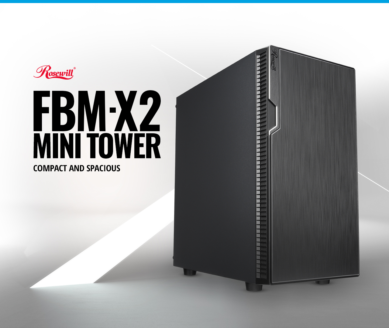 Rosewill Micro ATX Mini Tower Desktop Gaming PC Computer Case with text read:FBM-X2 MINI TOWER COMAPCT AND SPACIOUS on the left.