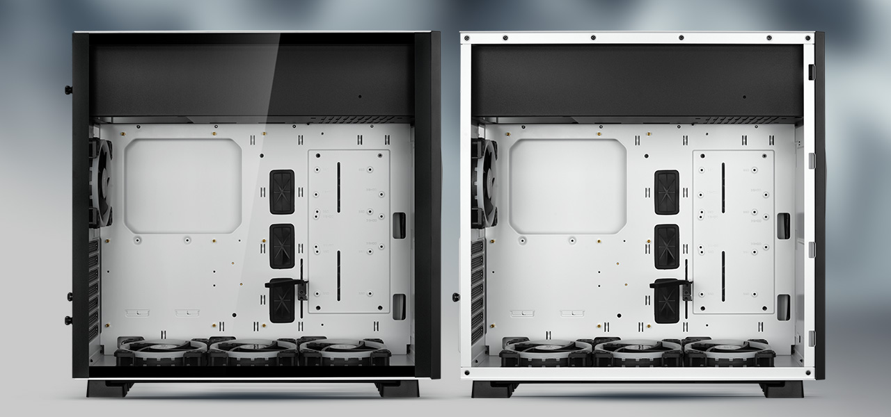 Two empty Rosewill PRISM S cases facing to the right with their side panels removed