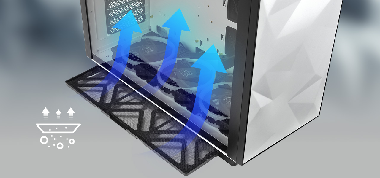 Rosewill PRISM S angled down to the right with blue arrows showing cold air intake going into the case from the bottom