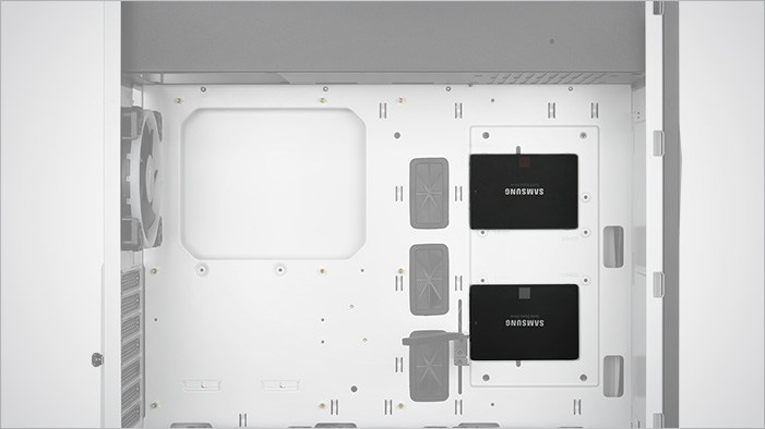 Interior front storage inside the Rosewill PRISM S case with its side panel removed