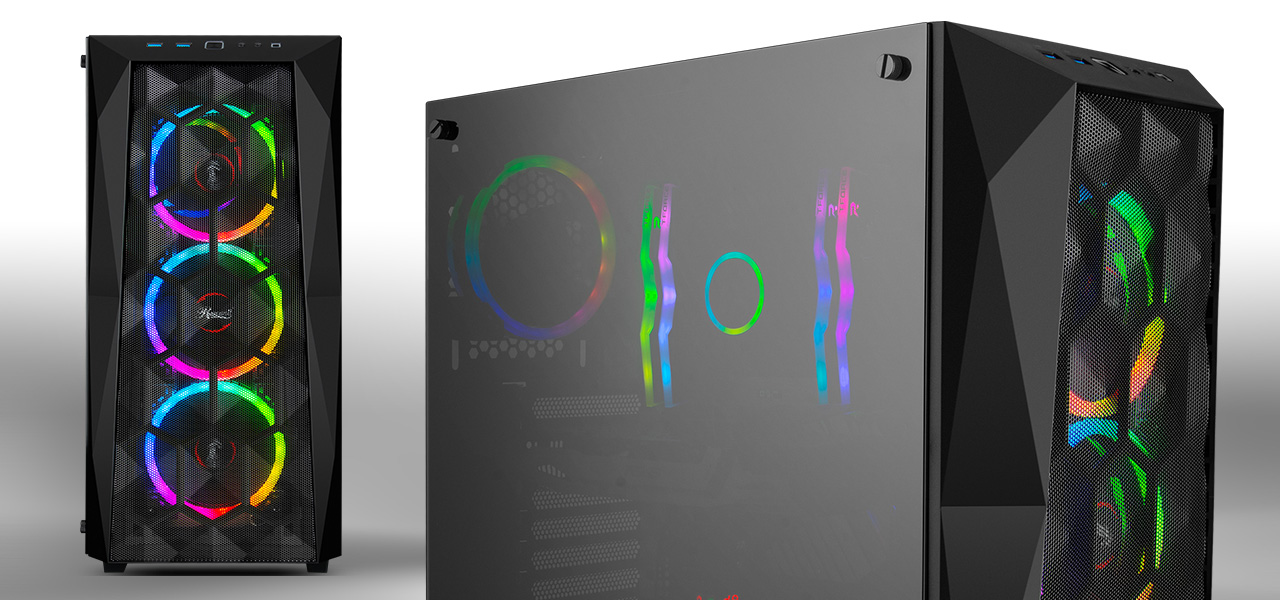 Rosewill ATX Mid Tower Gaming PC Computer Cases with Front Mesh Ventilation and RGB lit components, one faces forward and the other is closer, angled to the right