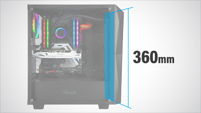 Rosewill ATX Mid Tower Gaming PC Computer Case Facing to the Right with a Graphic That Indicates 360mm Radiator in Front