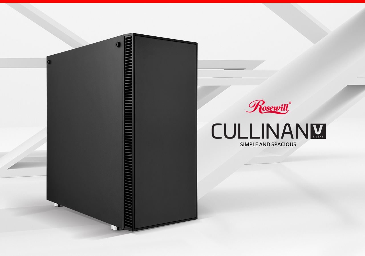 Rosewill ATX Mid Tower Gaming PC Computer Case with Tempered Glass Angled to the Right with the Rosewill Logo and Text That Reads CULLINAN V SILENT - SIMPLE AND SPACIOUS