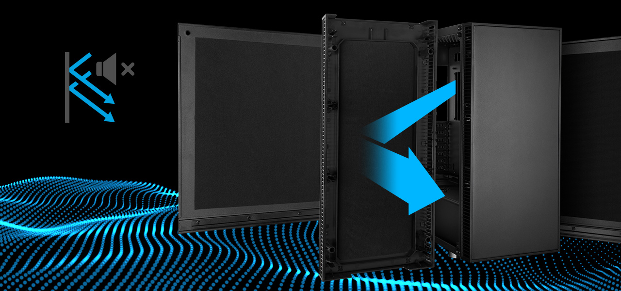 Rosewill ATX Mid Tower Gaming PC Computer Case Angled to the Right on a Graphical Hills of Blue Dots. The case has its panels removed and graphics of air coming out from the inside of the case