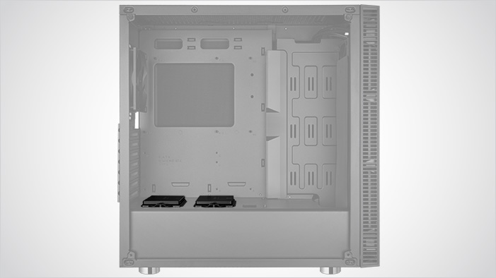 Rosewill ATX Mid Tower Gaming PC Computer Case Facing to the Right with everything transparent except where two SSDs can be installed