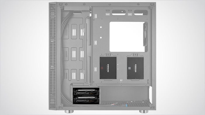 Rosewill ATX Mid Tower Gaming PC Computer Case Facing to the right with its side panel removed and everything transparent except where two SSDs or HDDs can be installed