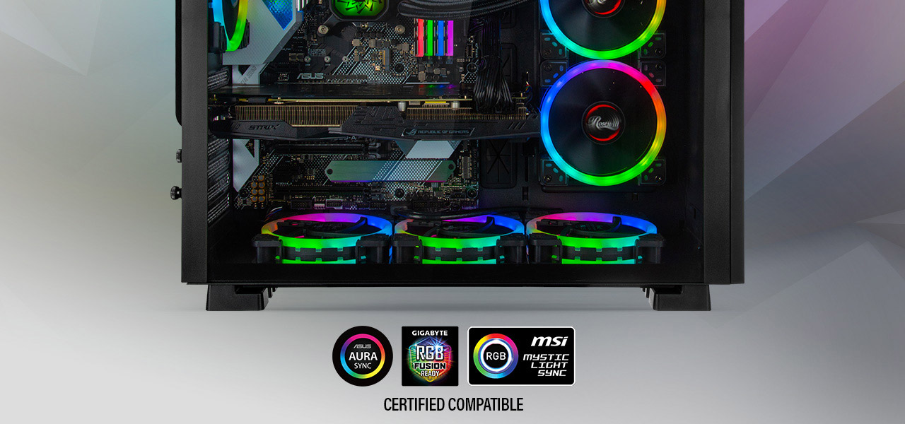 Rosewill ATX Mid Tower Gaming PC Computer Case with RGB and Fully Stocked with Components, Facing to the Right - Along with the ASUS AURA SYNC, GIGABYTE RGB FUSION and MSI MYSTIC LIGHT SYNC - There is text that reads: CERTIFIED COMPATIBLE