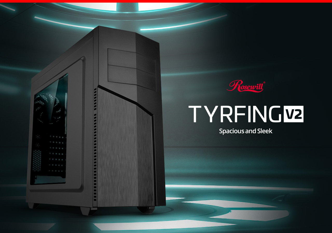 The TYRFING ATX mid tower case on the left side and text TYRFING V2 Spacious and Sleek on the right side with blue background