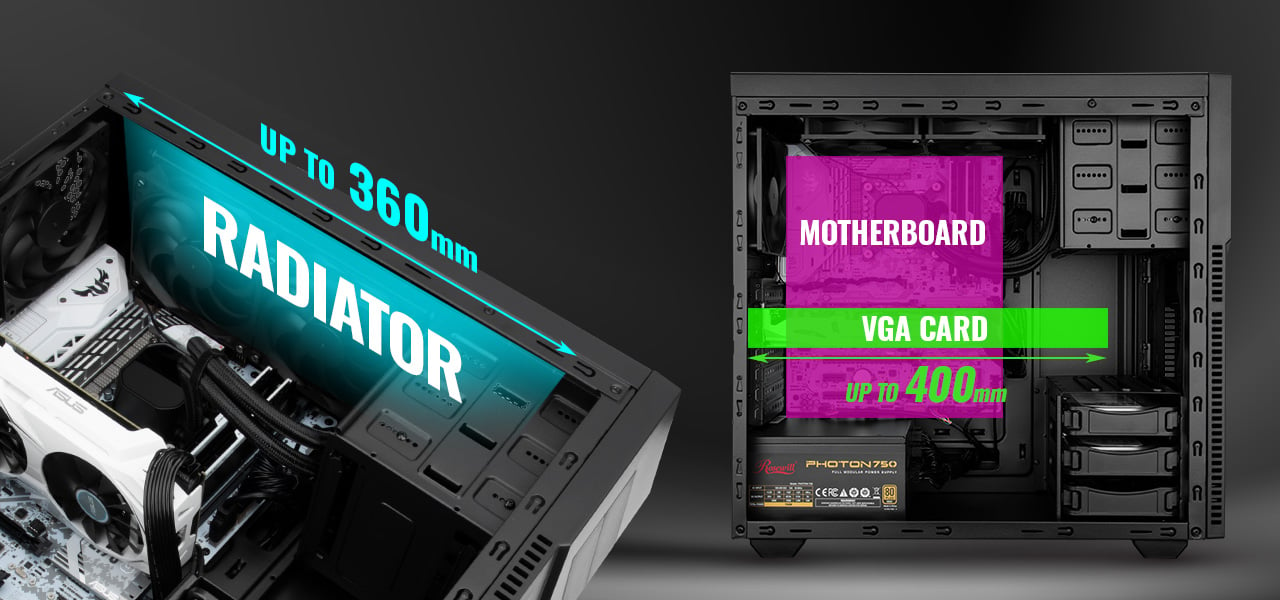 TYRFING ATX mid tower case marked with up to 360mm RADIATOR on the left side and ATX mid tower case marked with up to 400mm VGA CARD on the right side. the background is black