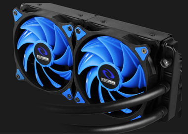 a water cooling radiator with two blue fans