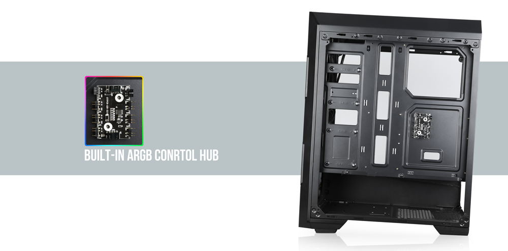 On the left is an ARGB LED hub and on the right is a case with the back panel removed.
