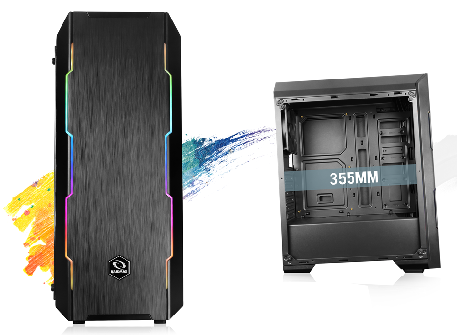 Two cases with the left one illuminating rainbow lighting and facing front and the right one showing a spot 355mm long