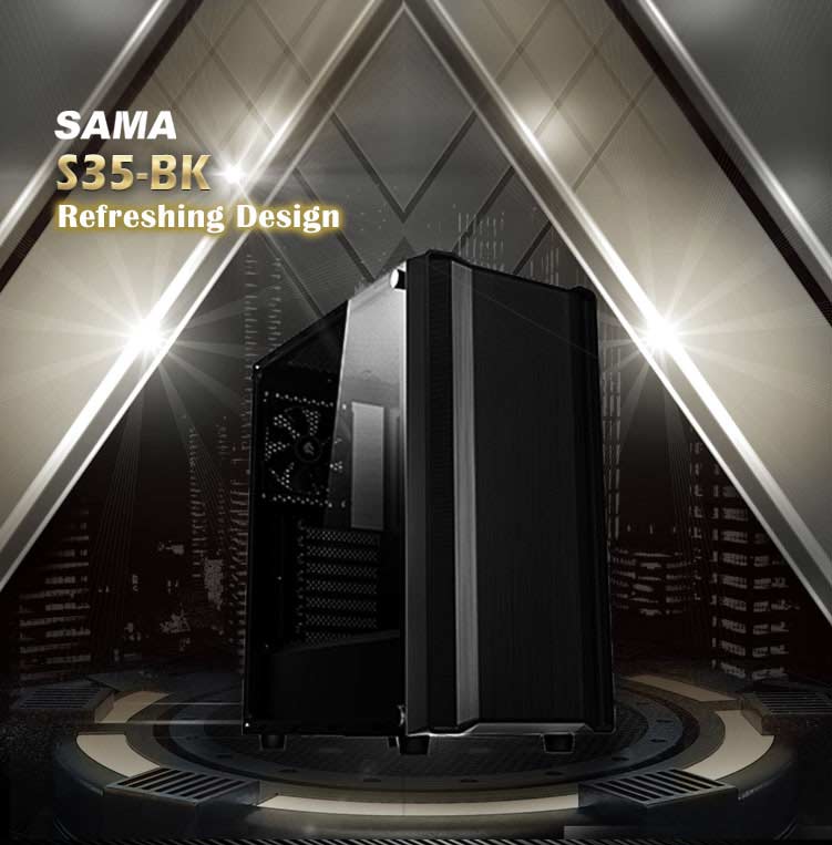 SAMA S35-BK Case Angled Up to the Right in a City-Themed Graphic with Text That Reads: Refreshing Design