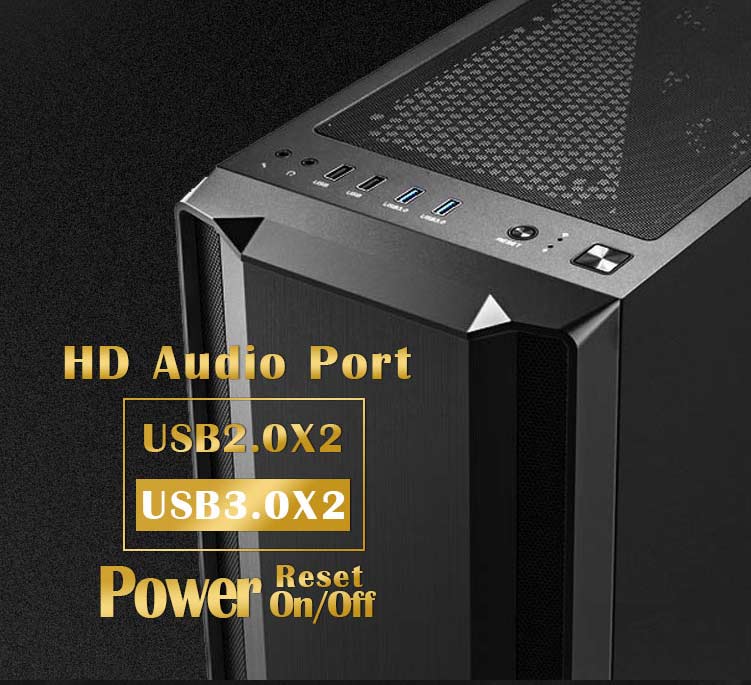 Closeup of the Sama Case Angled Down to the Left with Text That Reads: HD Audio Port - USB 2.0 x2, USB 3.0 x2 and Power on/off reset