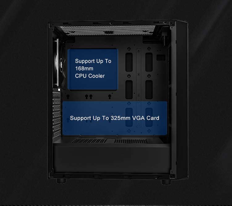 Same Case Facing to the Right with Its Side Panel Removed and Text and Graphics Pointing Out Support Up to 168mm CPU Cooler and Support Up to 325mm Graphics Card