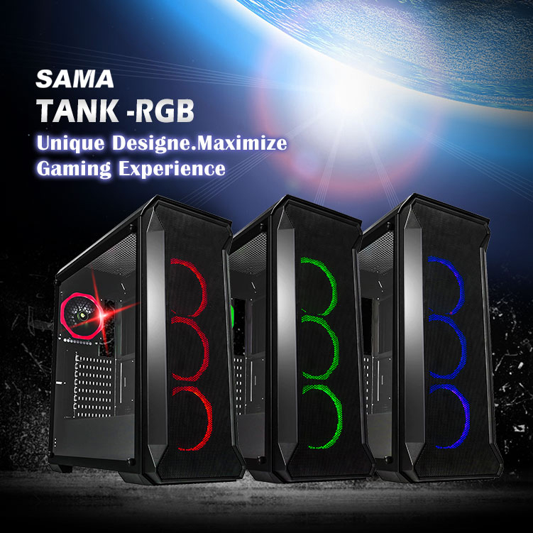 DIYPC SAMA TANK-RGB Cases Angled to the Right, in Red, Green and Blue along with text that reads: Unique Design, Maximized Gaming Experience