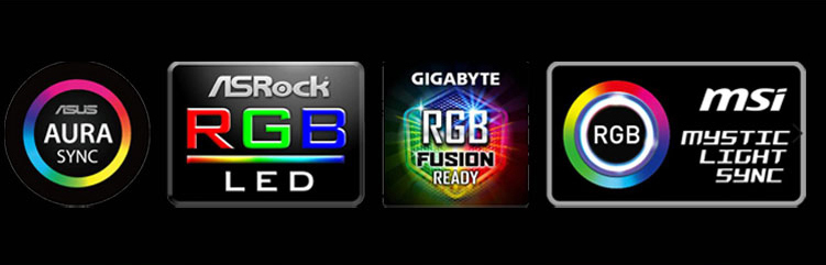Badges for: ASUS AURA SYNC, ASRock RGB LED, GIGABYTE RGB FUSION READ and MSI MYSTIC LIGHT SYNC