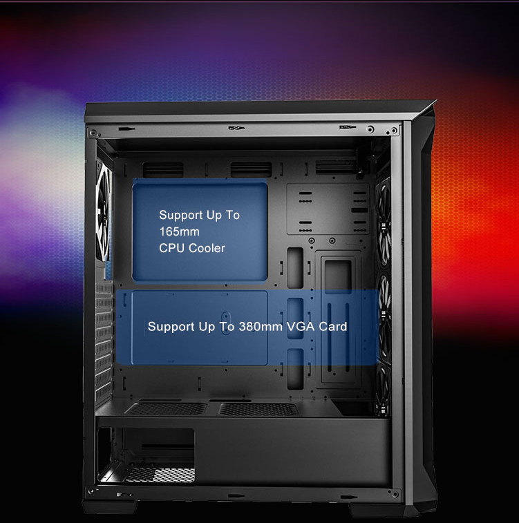 DIYPC SAMA TANK-RGB Case Facing to the Right with Its Side Panel Removed and graphics and text that indicate: Supports up to 165mm CPU coolers and supports up to 380mm graphics cards