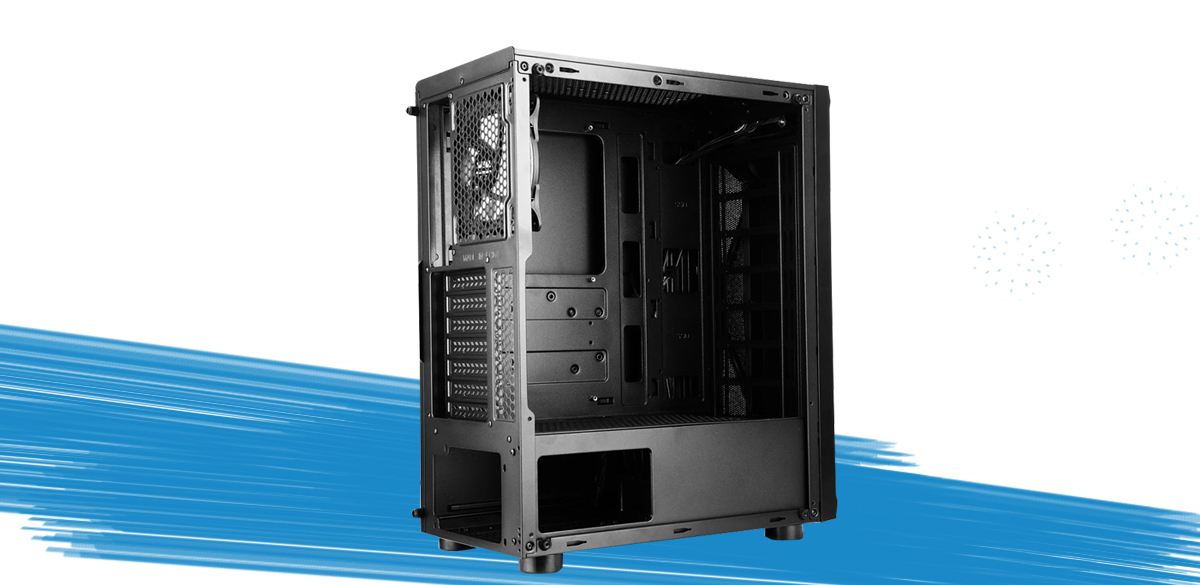The case is slightly tilted to the right with side panel removed and showing the motherboard tray and PSU shroud