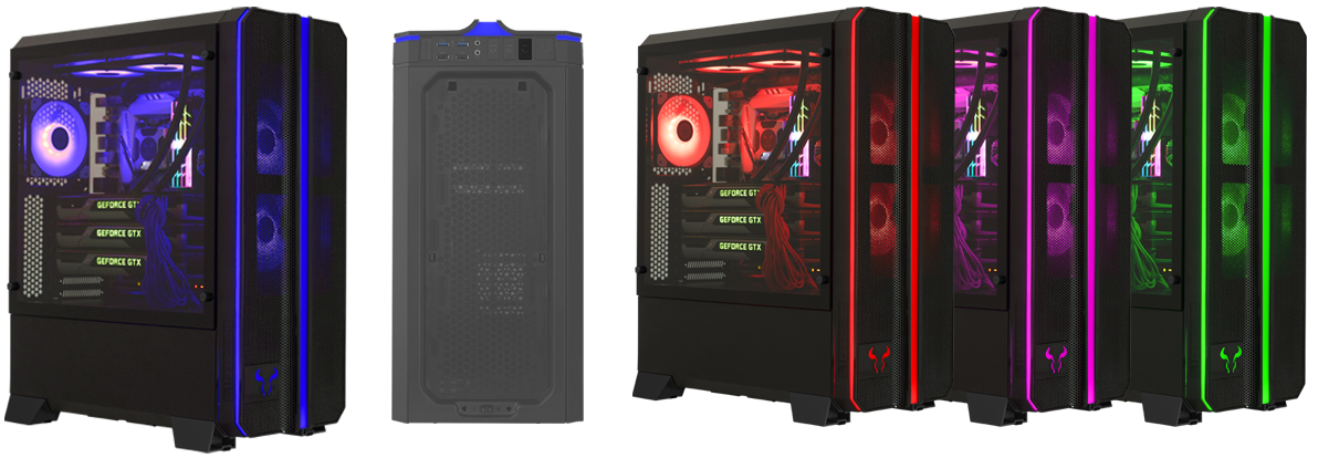 Riotoro Cases Lined Up Facing Left in Purple, Red, Pink and Green RGB Lighting Setups
