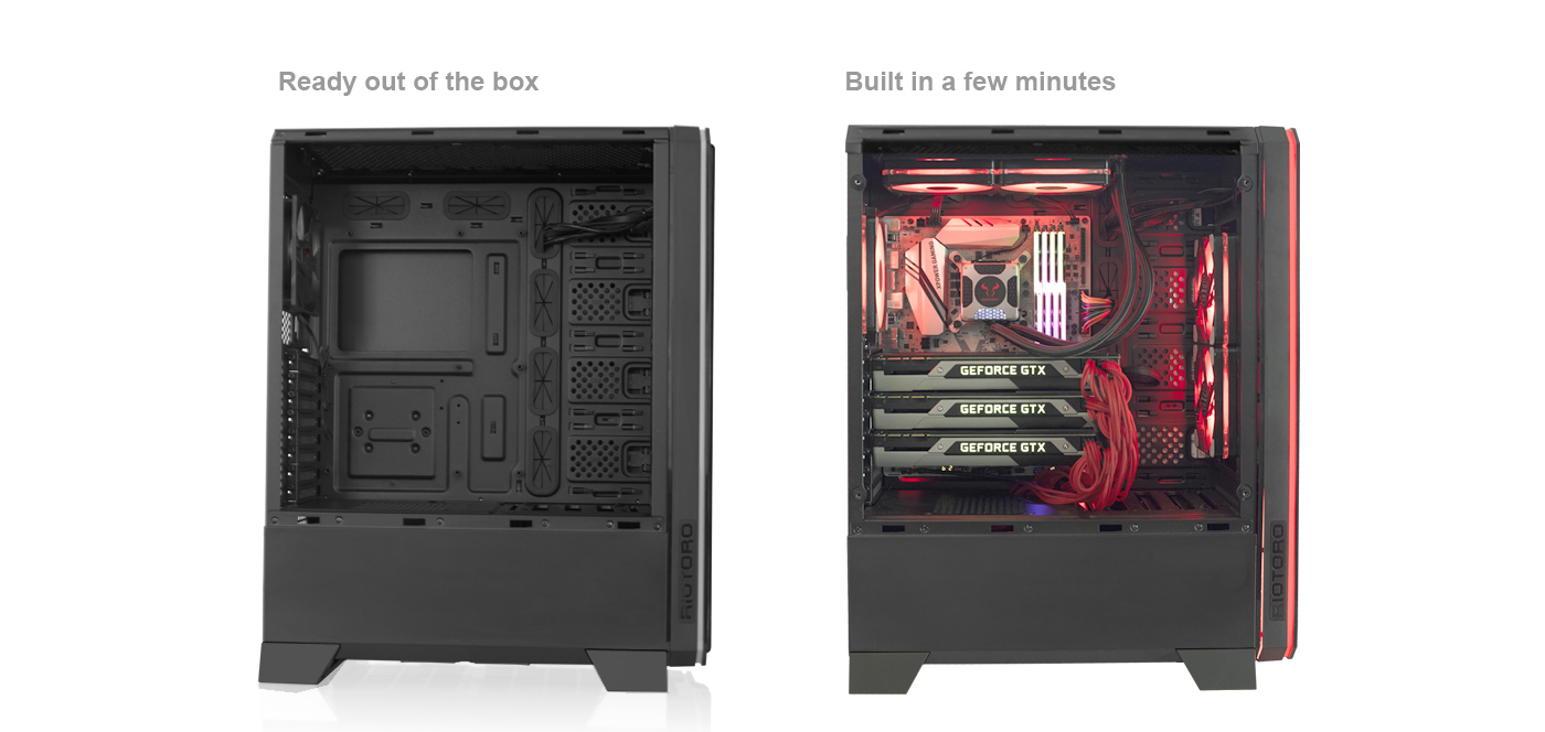 Image of the Riotoro Cases, The left image shows the case empty and the right shows it fully equipped with PC components