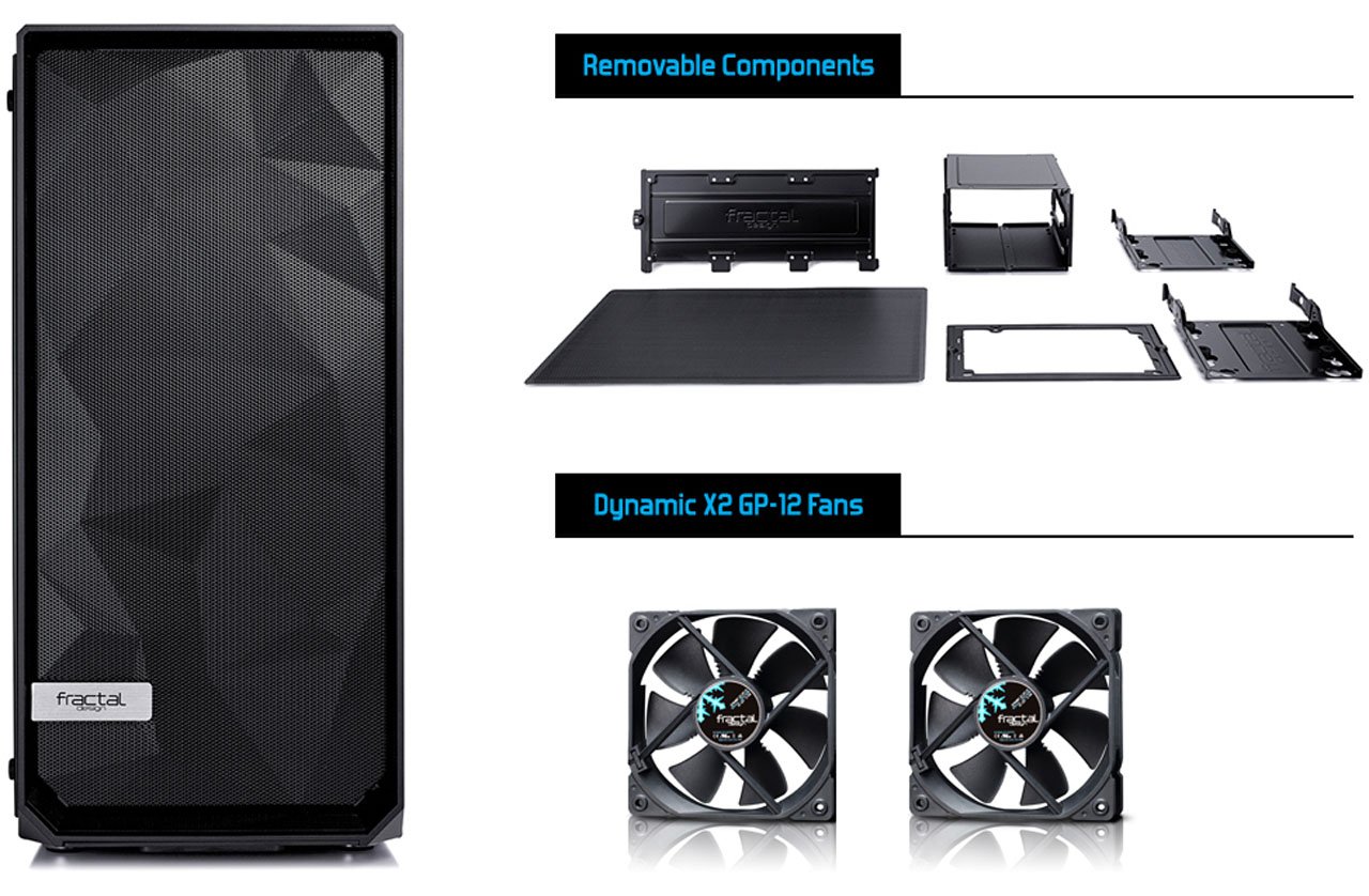 Meshify C front view and removable components and two fans
