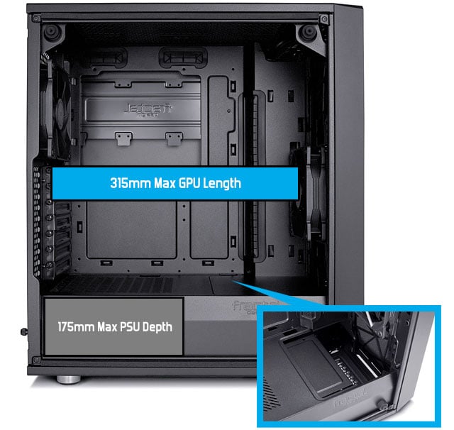 Meshify C internal structure display and oversized space close-up