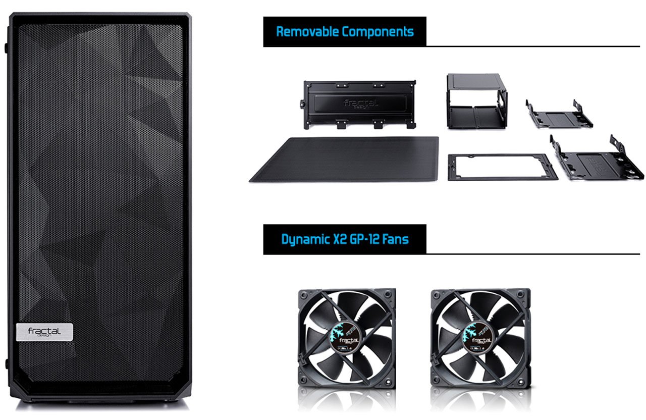 Meshify C front view and removable components and two fans