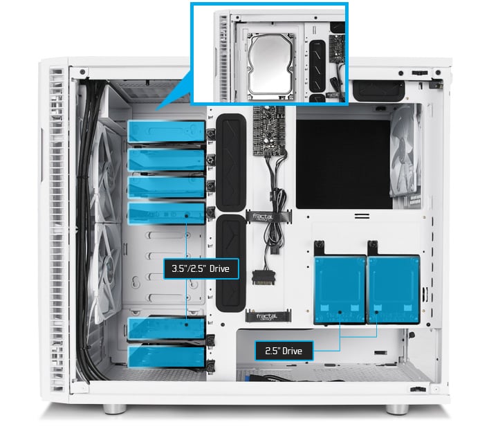 Define R6 includes six universal drive trays front view