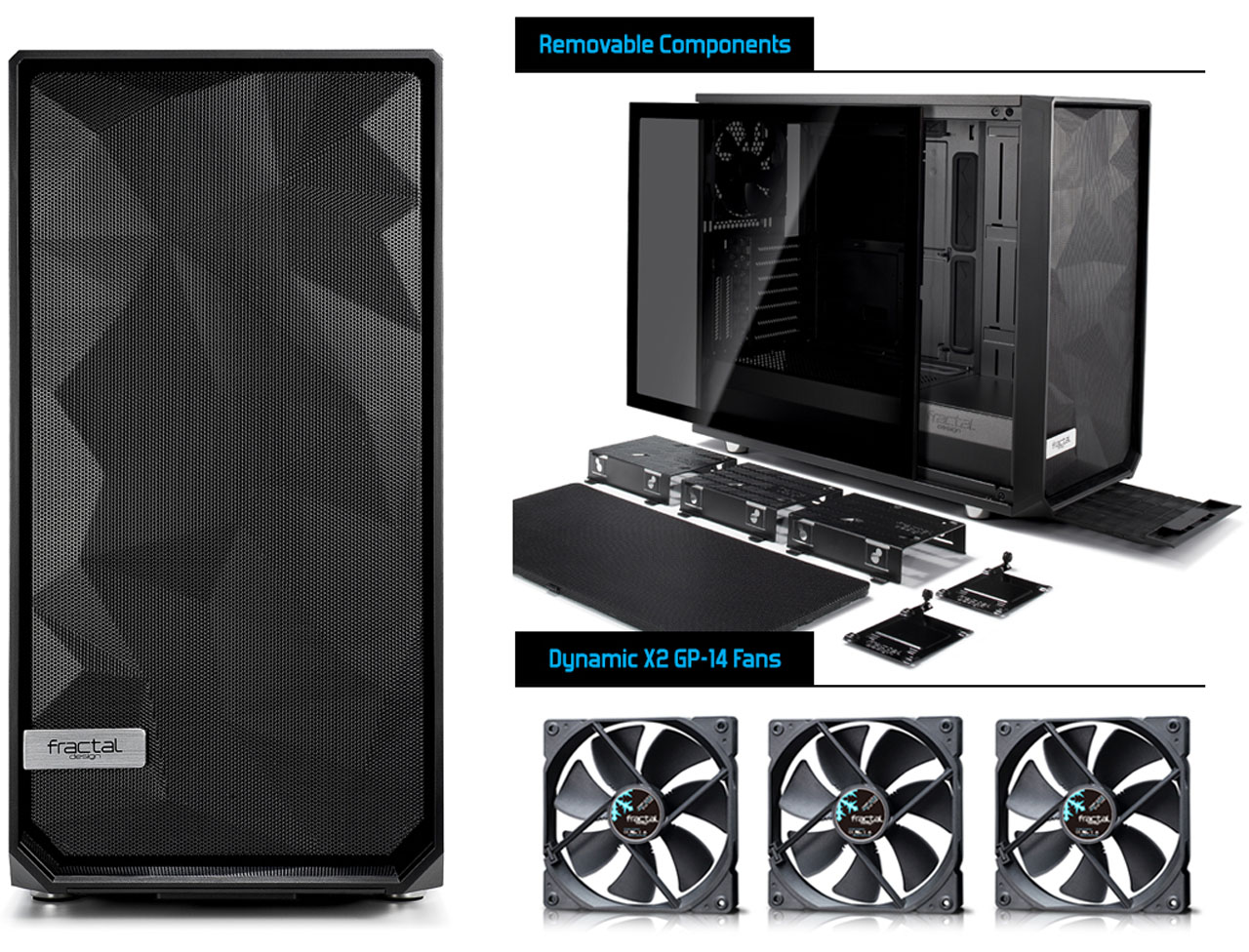 Meshify S2 Side view and disassembly diagram and three fans