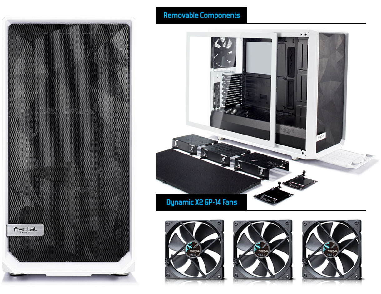 Meshify S2 Side view and disassembly diagram and three fans