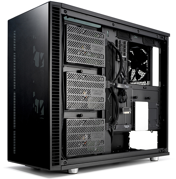 Fractal Design Define S2 facing to the left with the side panel removed showing where cables get routed