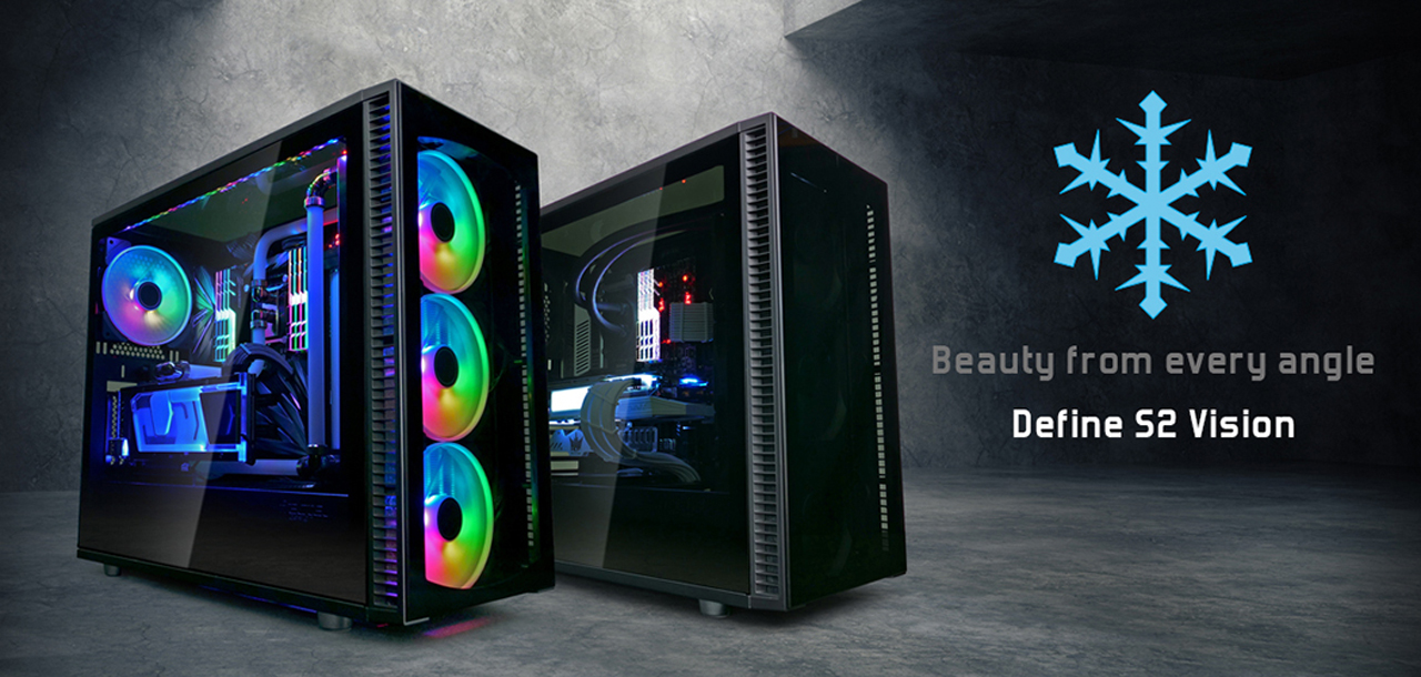 Fractal Design Define S2 Vision cases facing to the right, with text that reads: Beauty from every angle