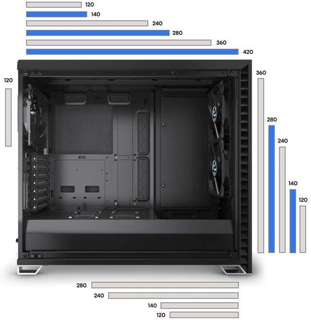 Fractal Vector RS room for radiators up to 420 mm (top), 360 mm (front) and 280 mm (base)