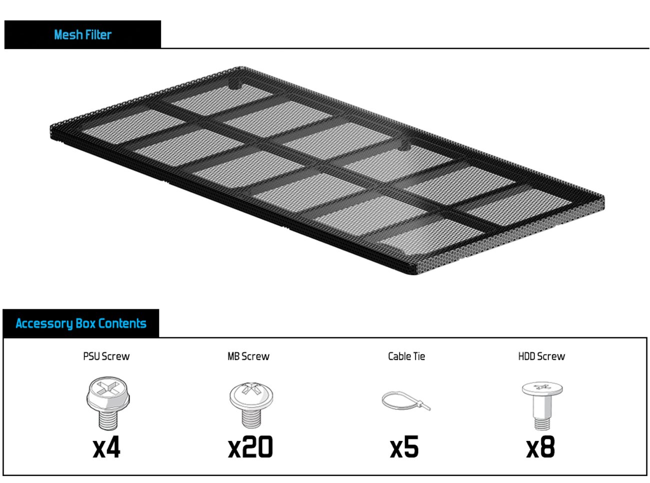 Mesh Filter and Accessory Box Contents