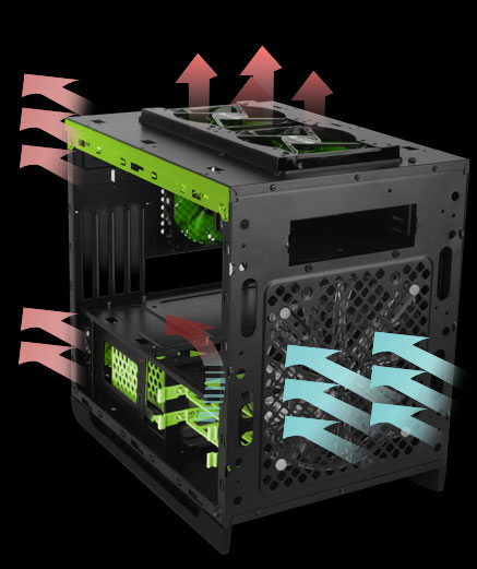 DIYPC Cuboid-R Case Angled Away to the Left with Graphics Showing Cool Air Being Pulled in and hot air going out