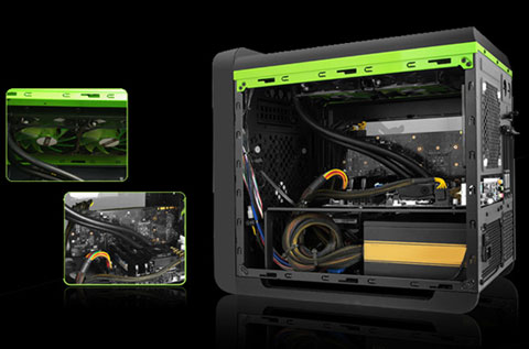 DIYPC Cuboid-R Case Angled Away to the Left, with Hotspot Shot of Cooling Devices Installed Throughout