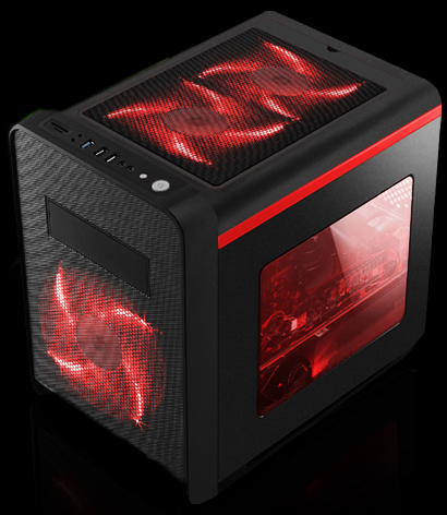 Red RGB-Lit DIYPC Cuboid-R Black Case Angled Down to the Left