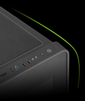 Top right shot of the DIYPC Cuboid-R Black Case's I/O Panel