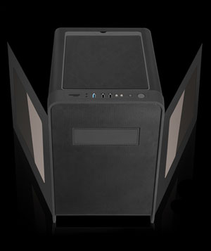 DIYPC Cuboid-R Black Case Facing Forward Angled Down Slightly, with Its Side Panels Coming Out Forward Slightly
